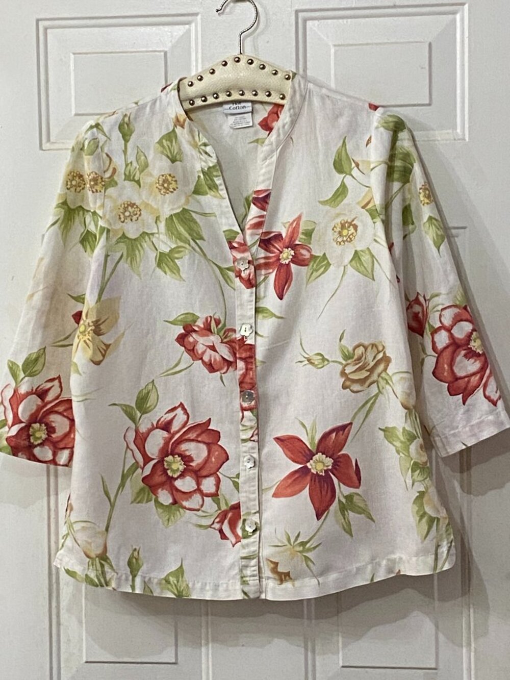 Hot Cotton Sz S Blouse Button Up 3/4 Sleeve Linen/Cotton Multicolor Floral